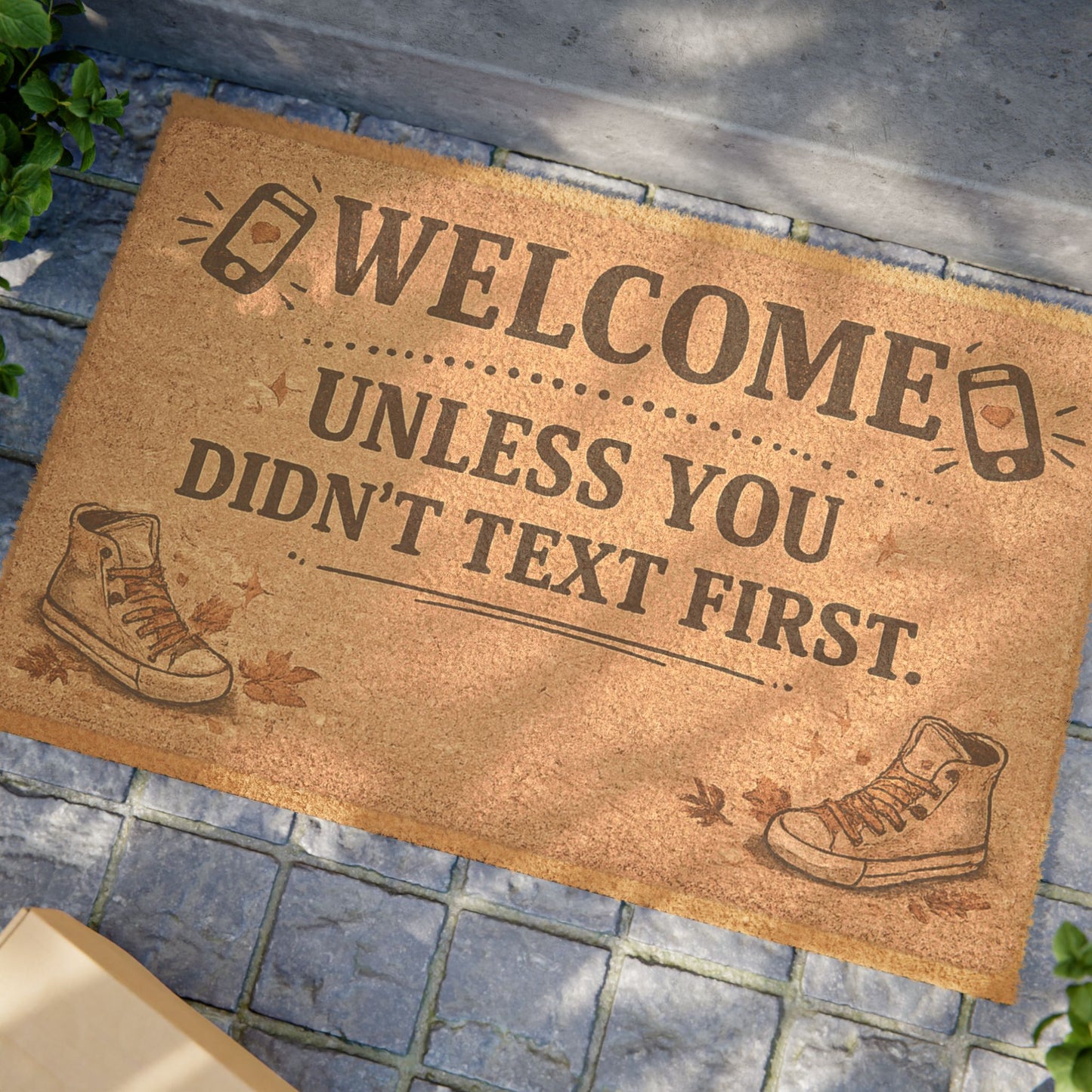 Welcome Doormat — "Welcome Unless You Didn't Text First" Funny Outdoor Coir Mat