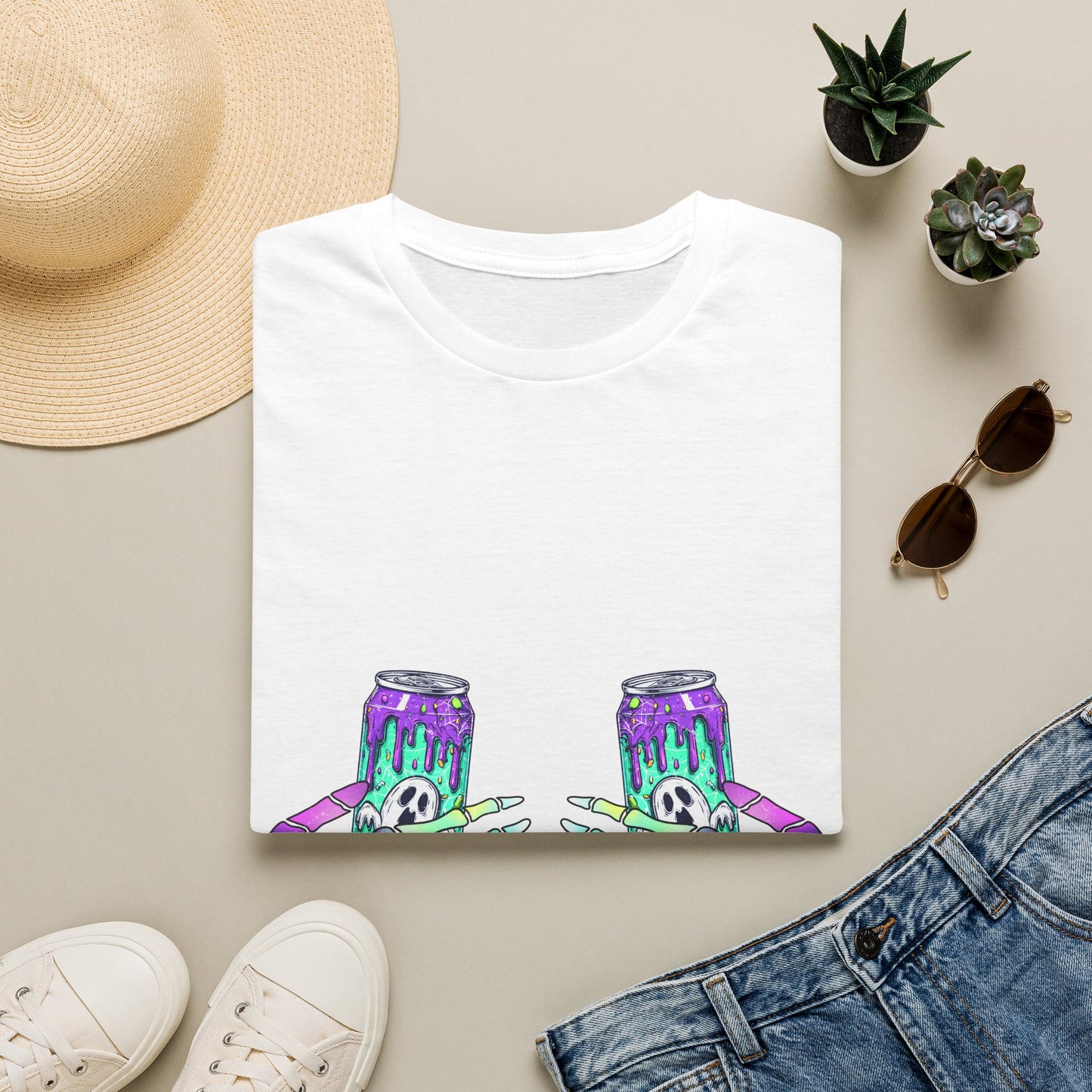 Skull Soda Tee — Retro Neon Skeleton Hands Can Graphic T-Shirt