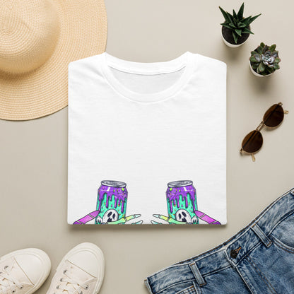 Skull Soda Tee — Retro Neon Skeleton Hands Can Graphic T-Shirt