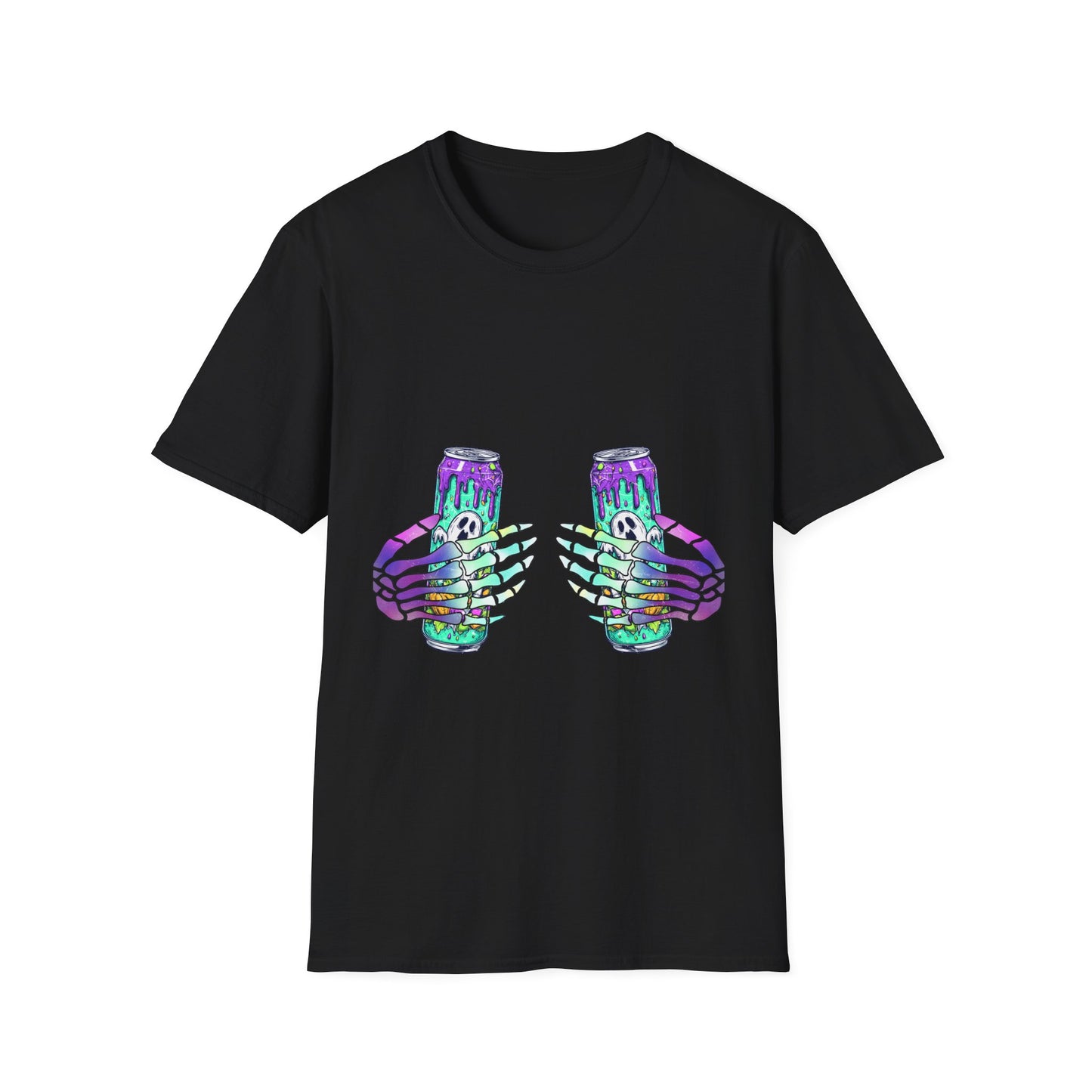 Skull Soda Tee — Retro Neon Skeleton Hands Can Graphic T-Shirt