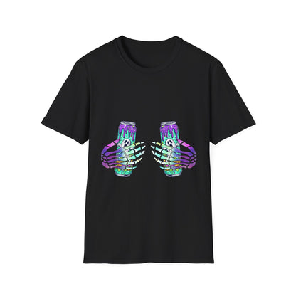 Skull Soda Tee — Retro Neon Skeleton Hands Can Graphic T-Shirt