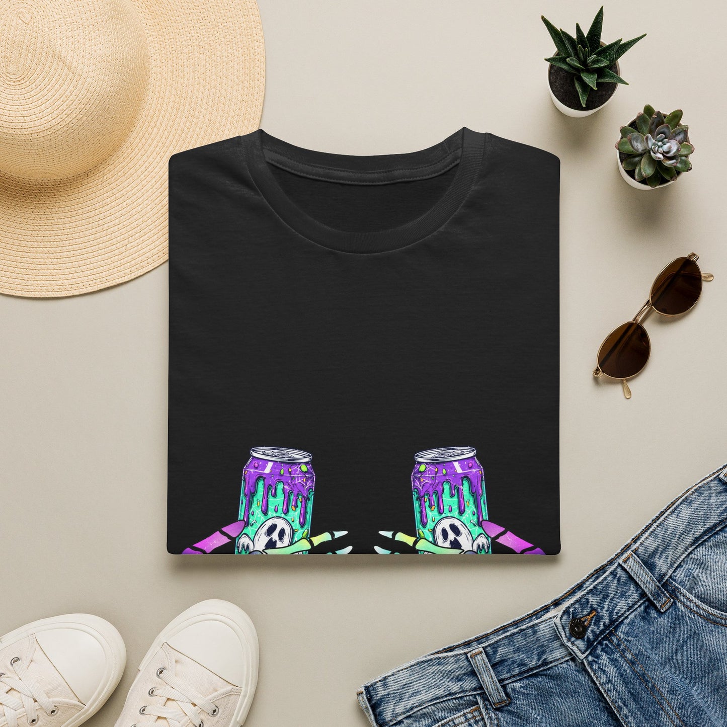 Skull Soda Tee — Retro Neon Skeleton Hands Can Graphic T-Shirt