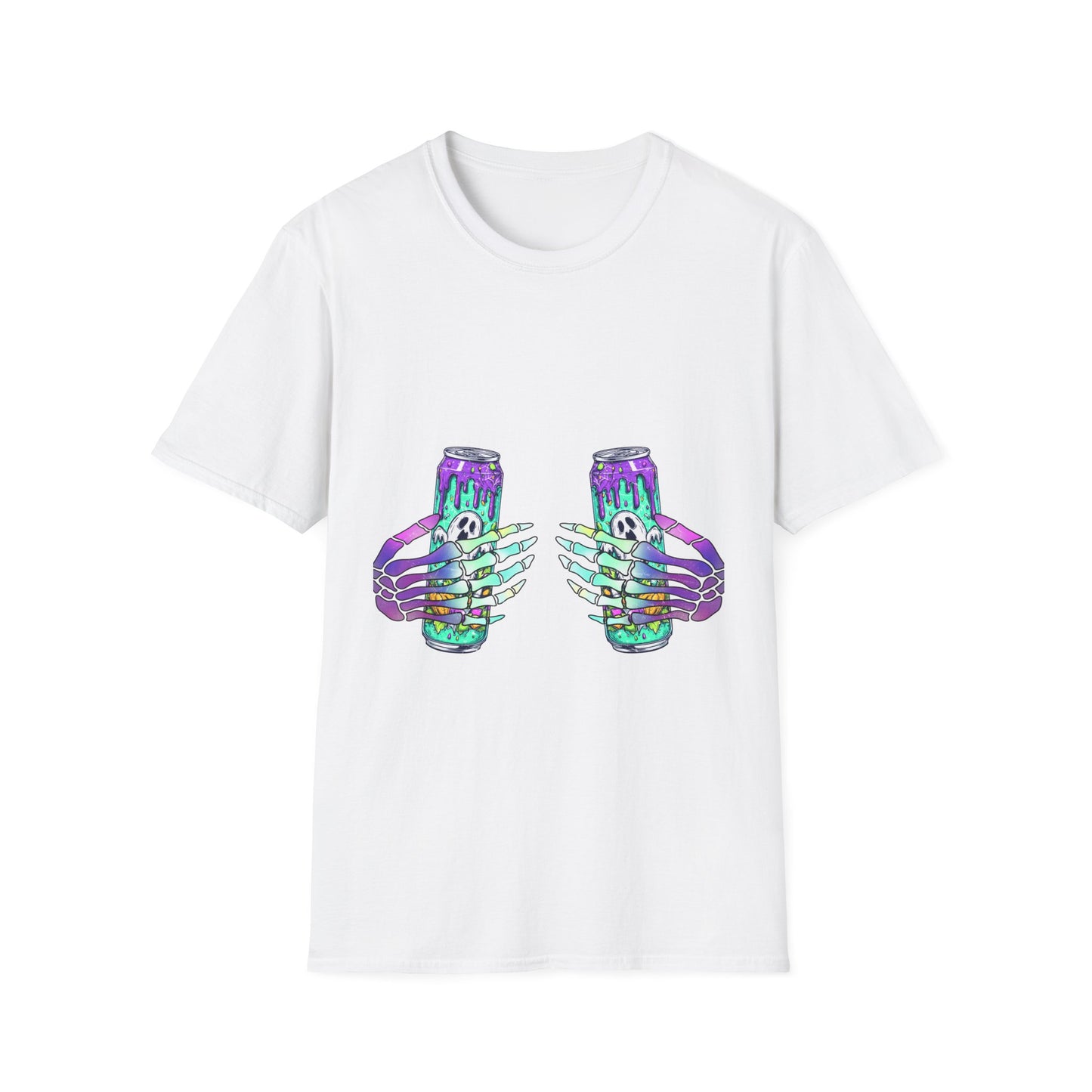 Skull Soda Tee — Retro Neon Skeleton Hands Can Graphic T-Shirt