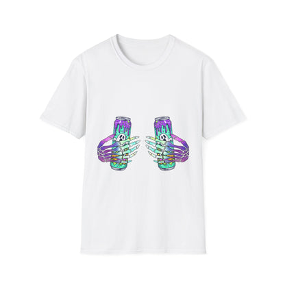 Skull Soda Tee — Retro Neon Skeleton Hands Can Graphic T-Shirt
