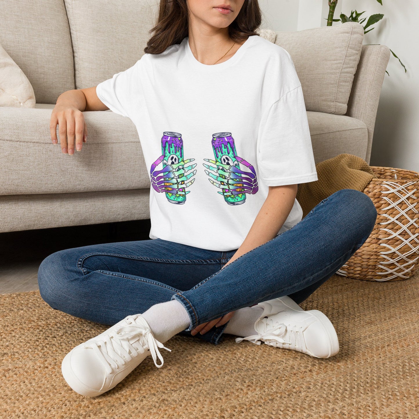Skull Soda Tee — Retro Neon Skeleton Hands Can Graphic T-Shirt