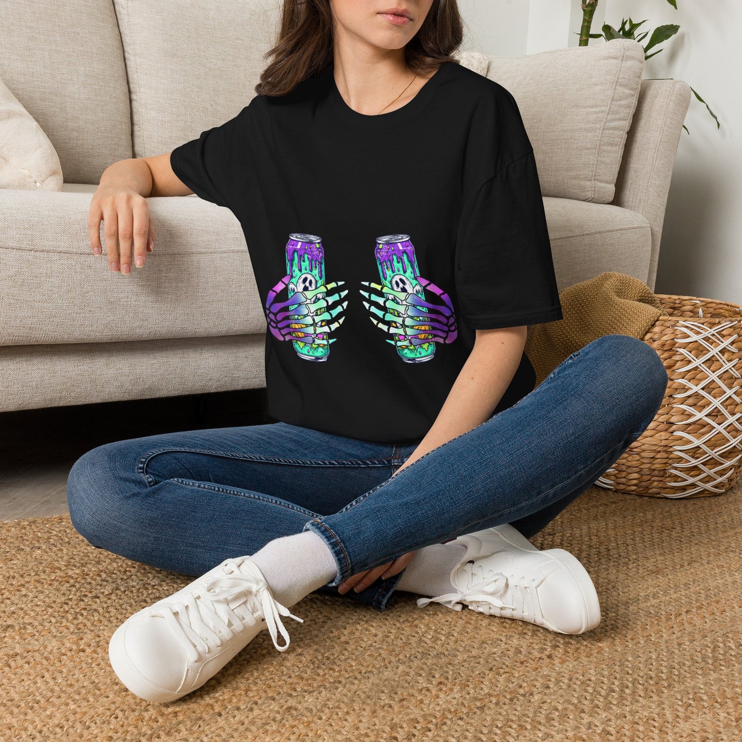 Skull Soda Tee — Retro Neon Skeleton Hands Can Graphic T-Shirt
