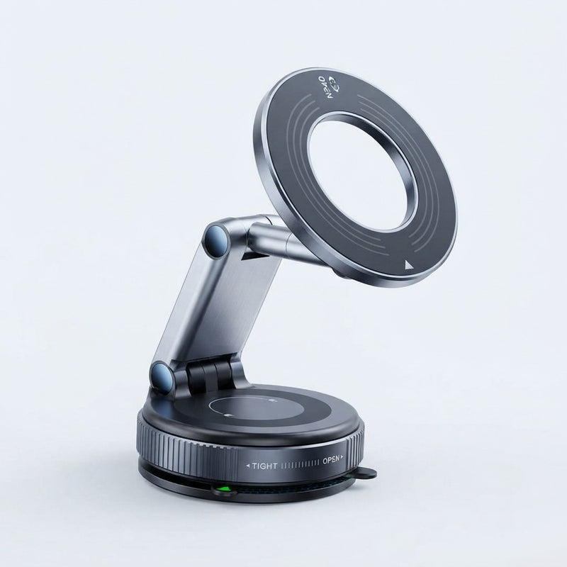 Fold-Flat Magnetic Car Phone Holder - Compact Metal Secure Smartphone Holder, 20N52 Magnetic Grip, Vertical Round Mount, Vacuum Suction Cup, Heat-Resistant Nano-Adhesive Base, MagSafe Snap on Vehicle Accessory for Car Interior, Secure Holder